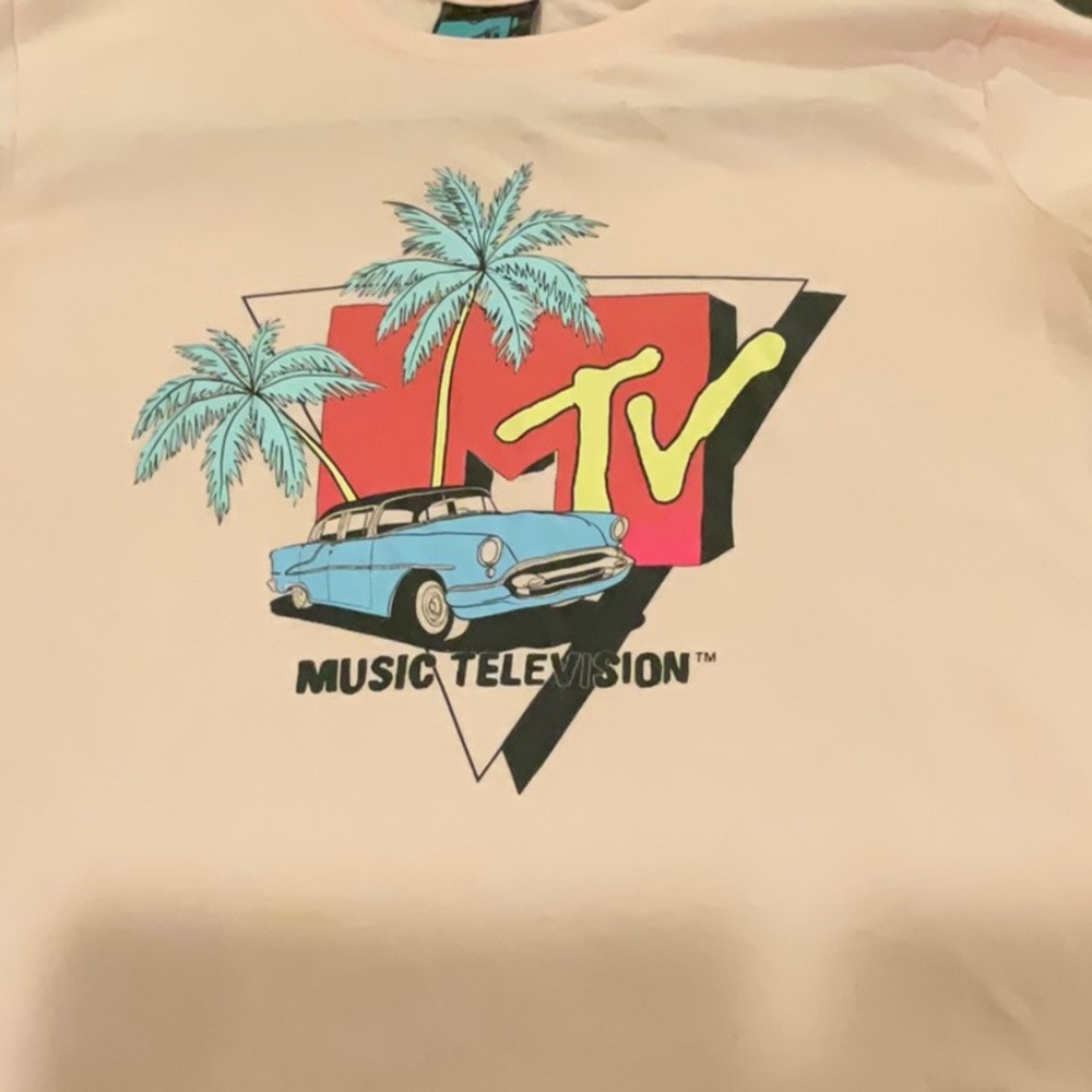 MTV Music Television Logo T-Shirt Pink with Cadillacs and Palm Trees Size XS